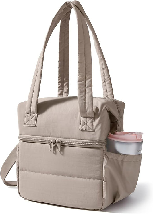BAGSMART Double Deck Lunch Bag Women, Insulated Reusable Lunch Box, Quilted Puffer Lunch Tote with Shoulder Strap, Durable Large Lunch Cooler For Work Picnic Travel Meal Prep Flight, Camel