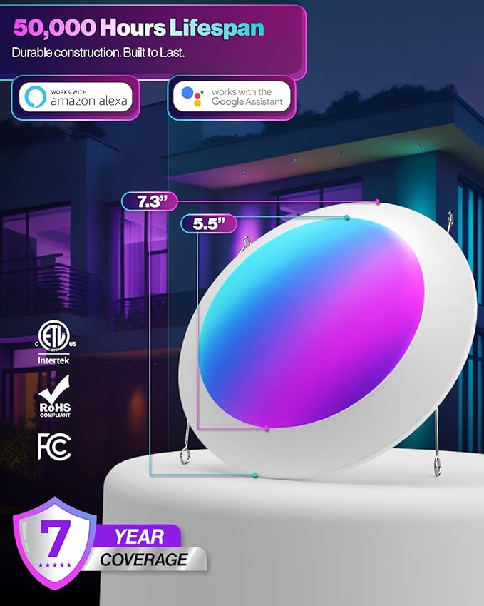 Sunco 5/6 Inch Smart Disk LED Flush Mount Ceiling Recessed Can Light for Living Room, Bedroom, App Controlled Compatible with Alexa and Google, Dimmable, 15W, RGB+5000K Daylight, 1200 LM ETL 4 Pack