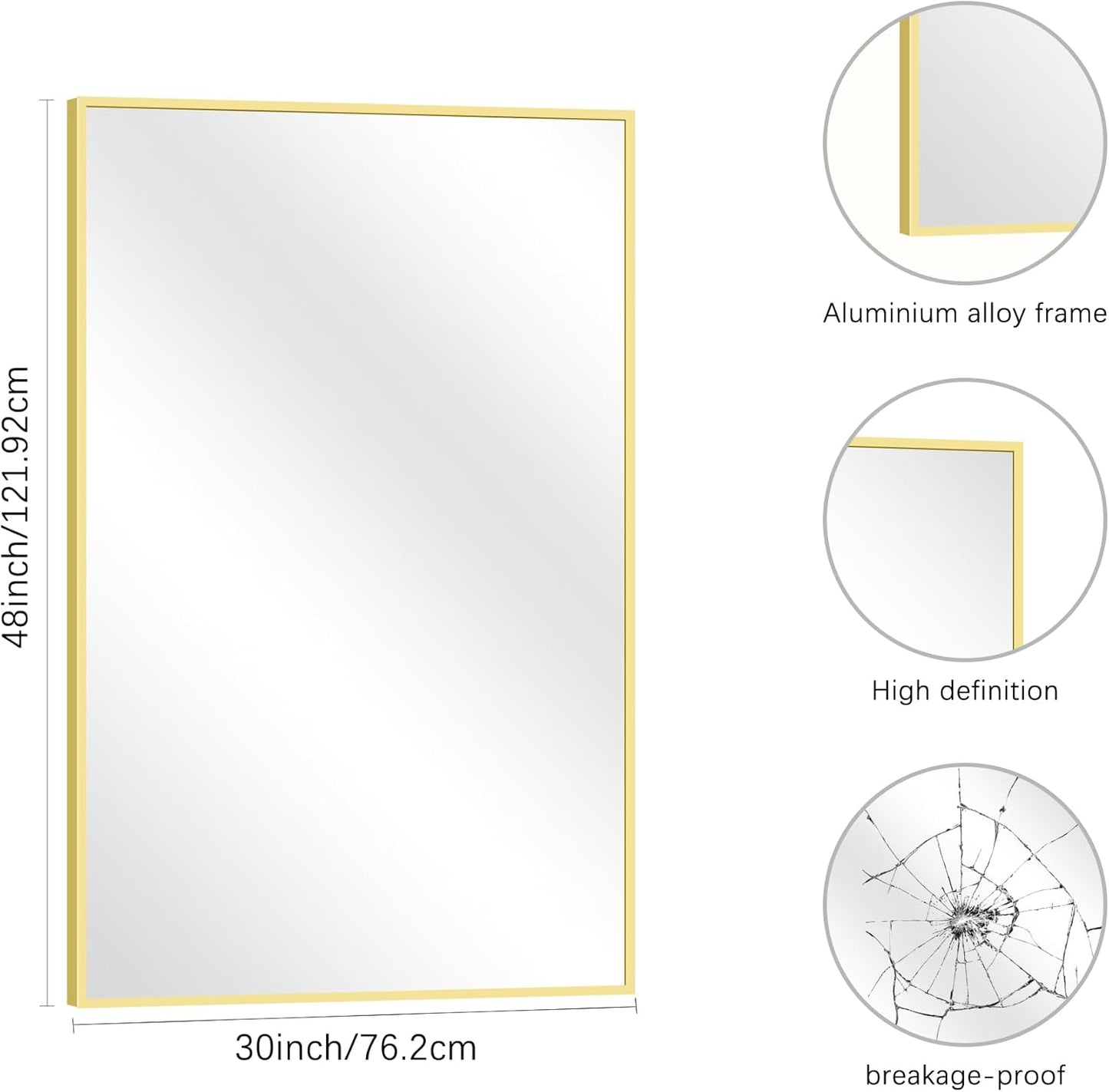 Gold Bathroom Mirror for Wall, 30x48 Inch Rectangle Mirrors with Metal Frame, Modern Vanity Wall Mirror Decor for Bathroom Living Room, Entryway Hangs Horizontal or Vertical