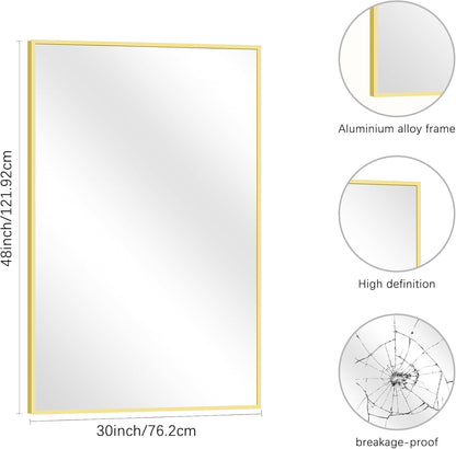 Gold Bathroom Mirror for Wall, 30x48 Inch Rectangle Mirrors with Metal Frame, Modern Vanity Wall Mirror Decor for Bathroom Living Room, Entryway Hangs Horizontal or Vertical