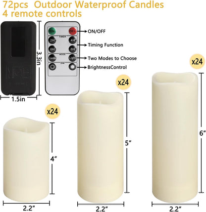 72-Pack Realistic Flameless LED Candle, Battery Operated with Remote Control, 3D Flame Pillar Timer Funtion Melted Top Safe,Perfect for Indoor/Outdoor Decor,Wedding,BBQ and Gift.