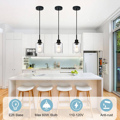 Modern Farmhouse Mini Chandeliers 3 Pack Black Pendant Lights Kitchen Island with Seeded Glass, Dining Room Lighting Fixtures Hanging Ceiling for Sink Bar Hallway Porch Corridor Bedroom