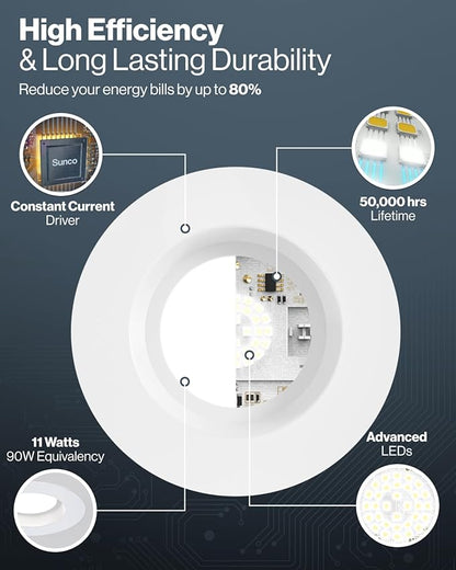 Sunco 4 Inch LED Recessed Lights Retrofit, Dimmable Can Lighting, 660 LM, 11W (40W Equivalent), Selectable CCT 2700K/3000K/3500K/4000K/5000K, Smooth Trim, Damp Rated UL 1 Pack