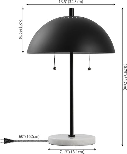 JONATHAN Y 20.75" Black/White Marble 2-Light LED Table Lamp for Modern Bedside Decor, Glam Desk Lamp, Gold Metal Dome Shade, Pull Chain Switch, Bulbs Included (JYL1071B)