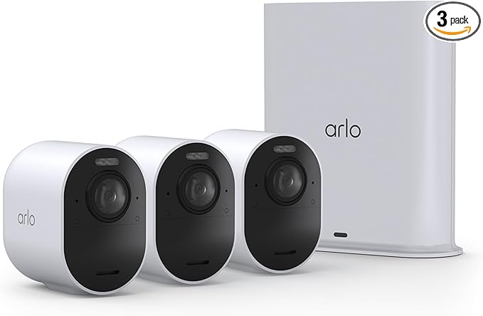 Arlo Ultra Security Camera 4K HDR (3rd Gen, 2025 Release) + SmartHub, Battery Power, Emergency Response, AI Event Captions, 1-Month Trial of Secure Plan, 180° Field of View, 3 Cam, White