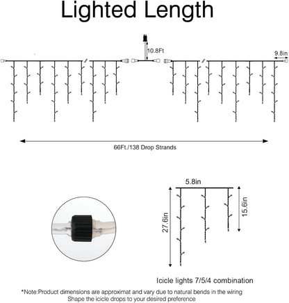 Brightown Christmas Icicle Lights Outdoor, 66 Feet 138 Drops with 736 LED, 8 Modes Waterproof Connectable Twinkle Fairy String Light for Christmas Thanksgiving Hanging Icicles (Warm White)