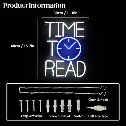 Time To Read Neon Sign Read Books Neon Light White Letter LED Signs Blue Clock Neon Read Light Up Sign for Bedroom Classroom Library Reading Corner Bookstore Decor