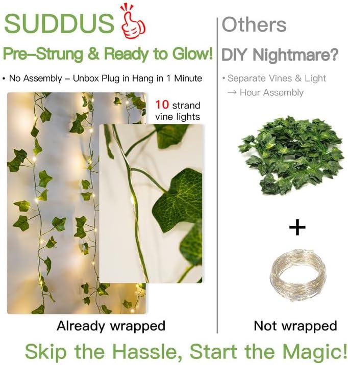 suddus 200 LED Vine with Light Plug in, 6.5ft x 6.5ft Ivy Fairy Curtain Lights with Remote, Leaf Fairy Lights for Wall,Bedroom, Dorm, Wedding, Party, Indoor Decor(Warm White)