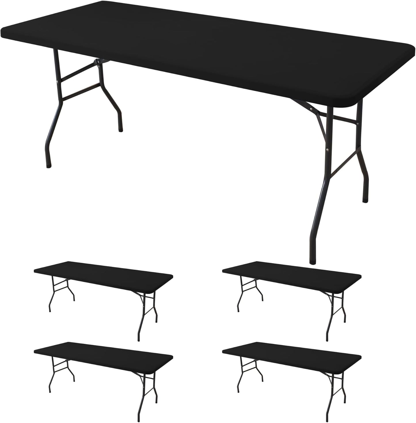 Fitted Tablecloth for 8 Foot Rectangle Tables-4 Pack Black Elastic Outdoor Picnic Table Cover-Spandex Stretch Folding Table Cloths 8ft for Camping Dining Room Patio Kitchen Banquet Party