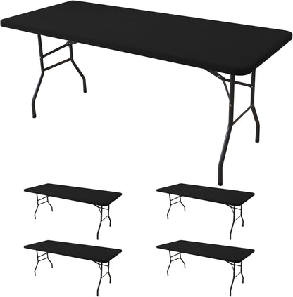 Fitted Tablecloth for 8 Foot Rectangle Tables-4 Pack Black Elastic Outdoor Picnic Table Cover-Spandex Stretch Folding Table Cloths 8ft for Camping Dining Room Patio Kitchen Banquet Party