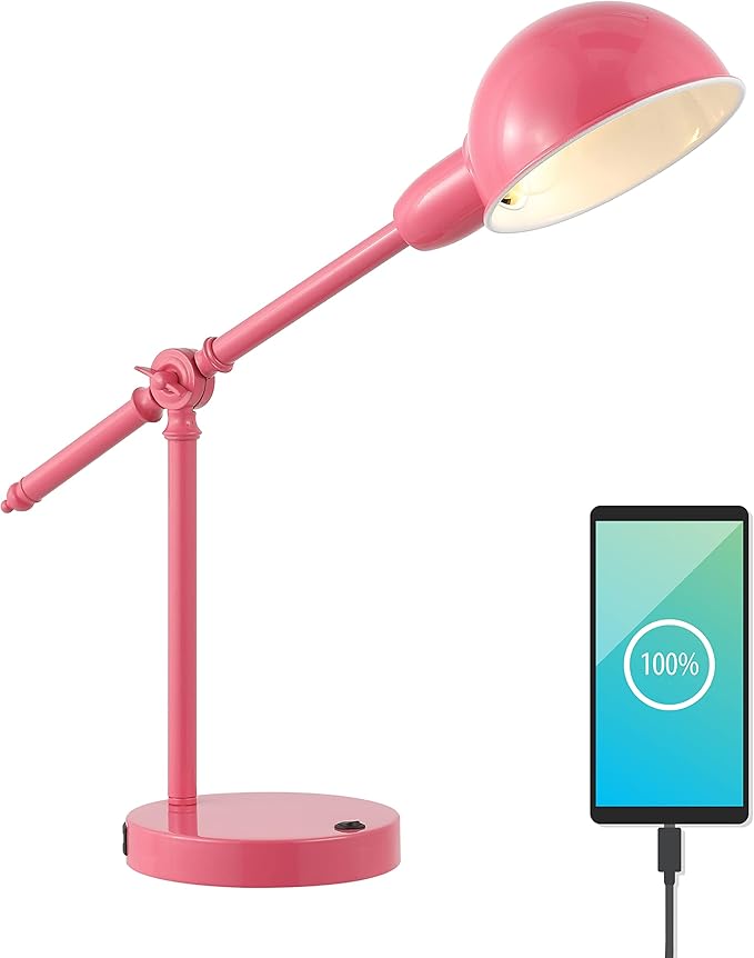 JONATHAN Y 20.25" Pink Vintage Industrial Iron Adjustable Task Lamp with USB Charging Port for Office Desk, Metal Yellow Dome Shade, LED Bulb Included (JYL7123D)