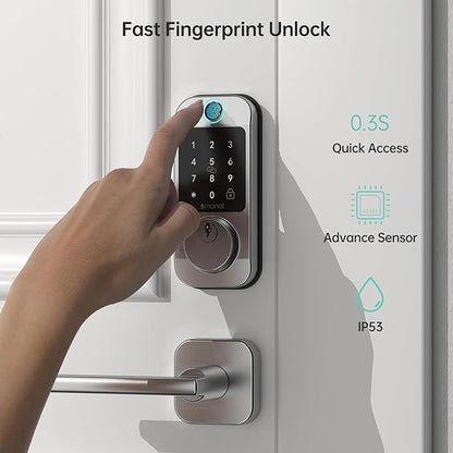 SMONET Fingerprint Smart Locks for Front Door with Handle Set, Keyless Entry, Bluetooth Digital Keypad Deadbolt, App Remote Control, Auto Lock, for Home Silver