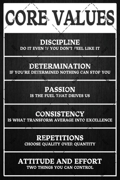 Core Values Motivational Metal Tin Sign - 12x8 Inch Inspirational Wall Art Poster, Positive Quote Office Decor for Workplace, Living Room, Bathroom, Home & Gym - Rustic Vintage Home Decoration Gift