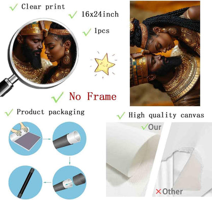 African American Wall Art Canvas King And Queen Wall Art Portrait Black Men And Women Painting Love Black Couple Painting Gold Crown African Woman Picture Abstract Living Room Decor 16x24inch No Frame