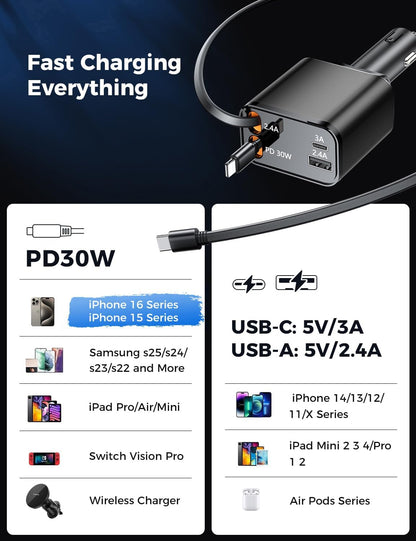 [2025 Upgraded] Retractable Car Charger, SUPERONE 69W Car Phone Charger with Cables Fast Charging, USB C Car Charger Adapter for iPhone 16 15 14 13 12, Samsung, Black