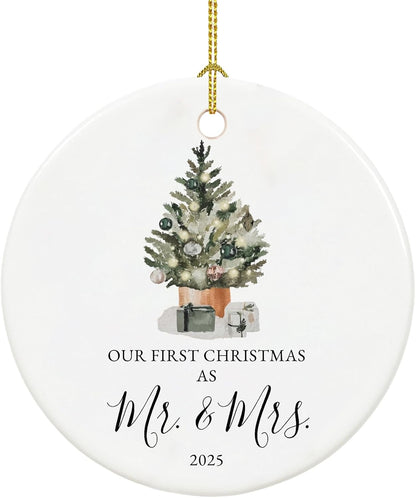Our First Christmas Married Ornament 2025, Just Married Gifts for Couple, Mr and Mrs, Ceramic Keepsake with Ribbon and Gift Box