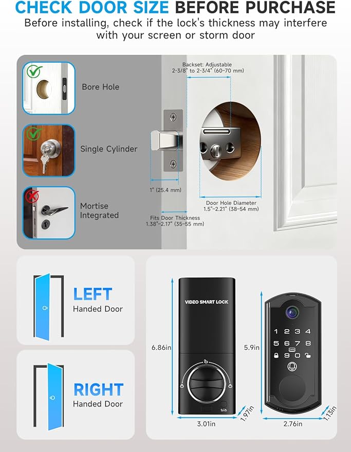Smart Door Lock with Camera, Fingerprint Keypad Deadbolt, APP Remote Control, Video Doorbell with 2-Way Audio, Auto Lock, Keyless Entry Electronic Smairt Lock for Front Door, Black