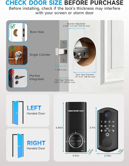 Smart Door Lock with Camera, Fingerprint Keypad Deadbolt, APP Remote Control, Video Doorbell with 2-Way Audio, Auto Lock, Keyless Entry Electronic Smairt Lock for Front Door, Black