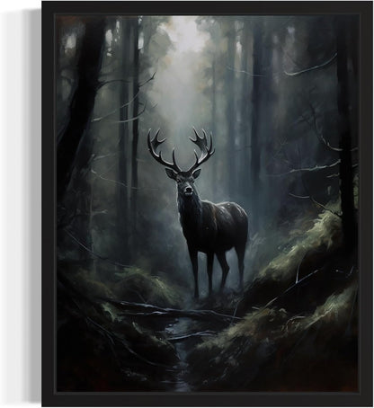 Deer in Forest Poster Art Print, Halloween Scary Vintage Wall Art Academia Spooky Painting Decoration for Horror Prints, Gothic Posters Bedroom Decor 89 (Deer in Forest, 11 x 14 inches, Black Frame)