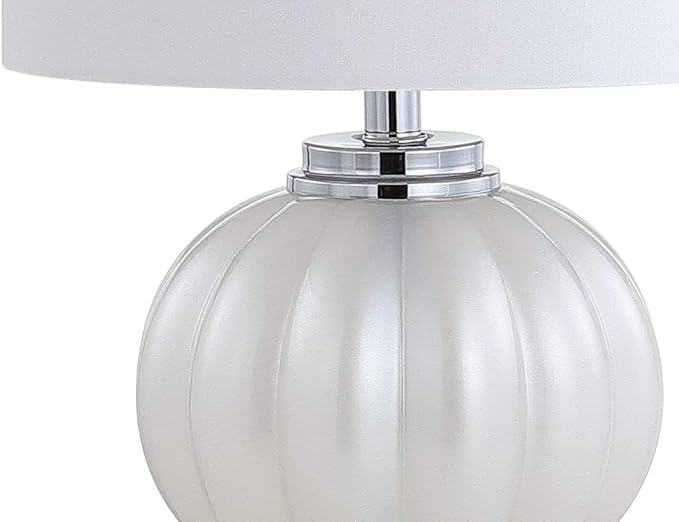 JONATHAN Y 17.5" White/Chrome Glass Table Lamp, Modern Crystal Bedside Lamp for Bedroom Living Room Nightstand, Glam Ribbed Accent Lamp, White Faux Silk Shade, LED Bulb JYL2076A