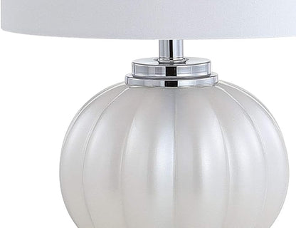 JONATHAN Y 17.5" White/Chrome Glass Table Lamp, Modern Crystal Bedside Lamp for Bedroom Living Room Nightstand, Glam Ribbed Accent Lamp, White Faux Silk Shade, LED Bulb JYL2076A