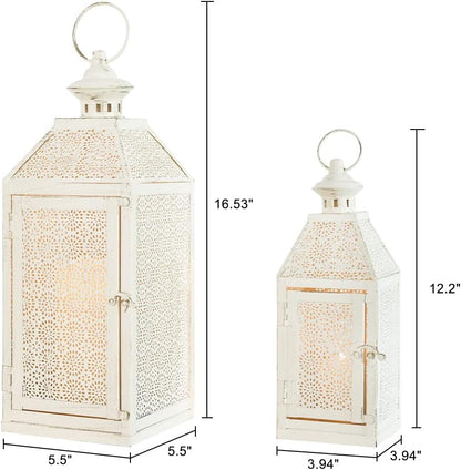 NEEDOMO 2Pack Outdoor Lantern, 16" Large White Candle Lanterns Decorative Indoor, Metal Frame with Glass, Vintage Farmhouse Lantern Decor for Front Porch, Garden, Patio, Pathway, Balcony,Yard