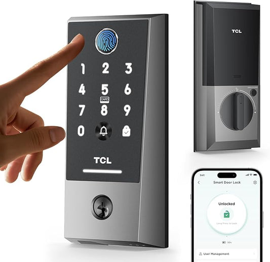 TCL Smart Lock D2 Plus, Fingerprint Door Lock with Keyless Entry Security Electronic Deadbolt for Front Door, Built-in Doorbell, Compatible with Alexa, Auto Lock, Easy Install