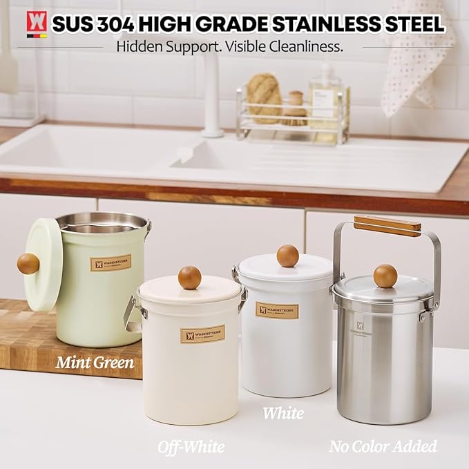 Kitchen Countertop Compost Bin 101ounces / 3Liters, Airtight Lid SUS304 Stainless Steel Odor-Free Food Waste Bin with Wooden Handle Stylish Design/Bathroom Trash Can (White)