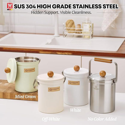 Kitchen Countertop Compost Bin 101ounces / 3Liters, Airtight Lid SUS304 Stainless Steel Odor-Free Food Waste Bin with Wooden Handle Stylish Design/Bathroom Trash Can (White)