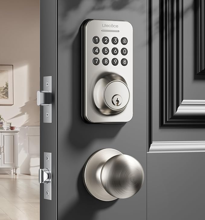 Keyless Entry Keypad Deadbolt with Handle Set, Smart Lock, Auto-Lock + One-Touch Lock, 100 Codes + Easy Install, Ideal for Airbnb/Homes/Offices, Fits U.S. Standard Front Doors, Satin Nickel