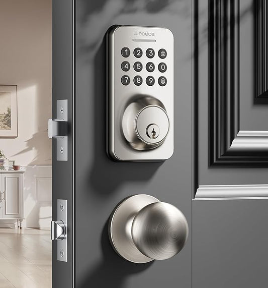 Keyless Entry Keypad Deadbolt with Handle Set, Smart Lock, Auto-Lock + One-Touch Lock, 100 Codes + Easy Install, Ideal for Airbnb/Homes/Offices, Fits U.S. Standard Front Doors, Satin Nickel