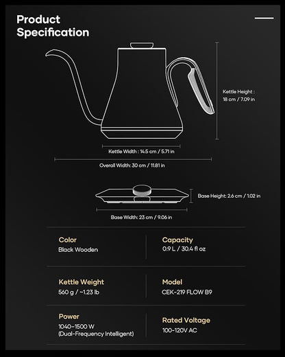 Cocinare Barista Collection Gooseneck Electric Kettle, ±1℉ Precise Temperature Control for Pour-Over Coffee & Tea, Quick Heating 1500W, Stainless Steel Interior, 0.9L (Obsidian Black)