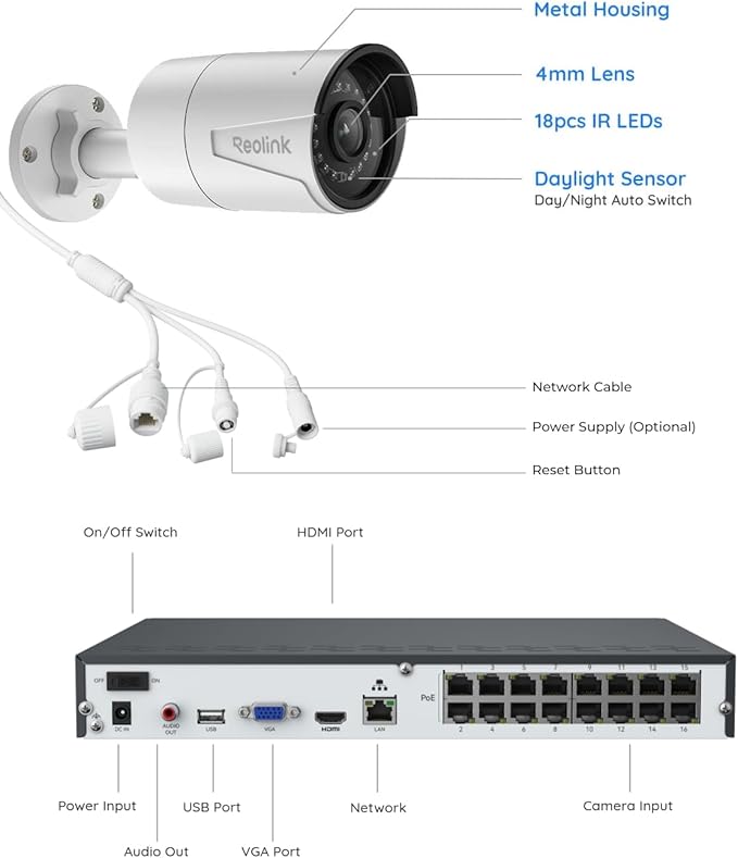 REOLINK 16CH 5MP Home Security Camera System, 8pcs Wired Outdoor PoE IP Cameras with Person/Vehicle/Pet Detection, 8MP 16CH NVR with 4TB HDD for 24-7 Recording, RLK16-410B8-5MP