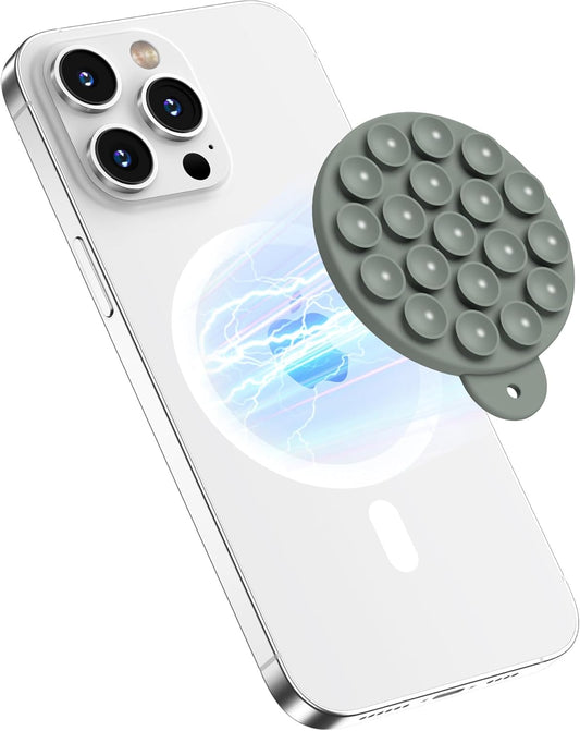 Magnetic Suction Cup Phone Mount for MagSafe Case, Silicone Hands-Free Phone Grip Holder for iPhone and Android, Mirror Shower Phone Stand for Makeup FaceTime Gym Kitchen Bathroom, Calke Green