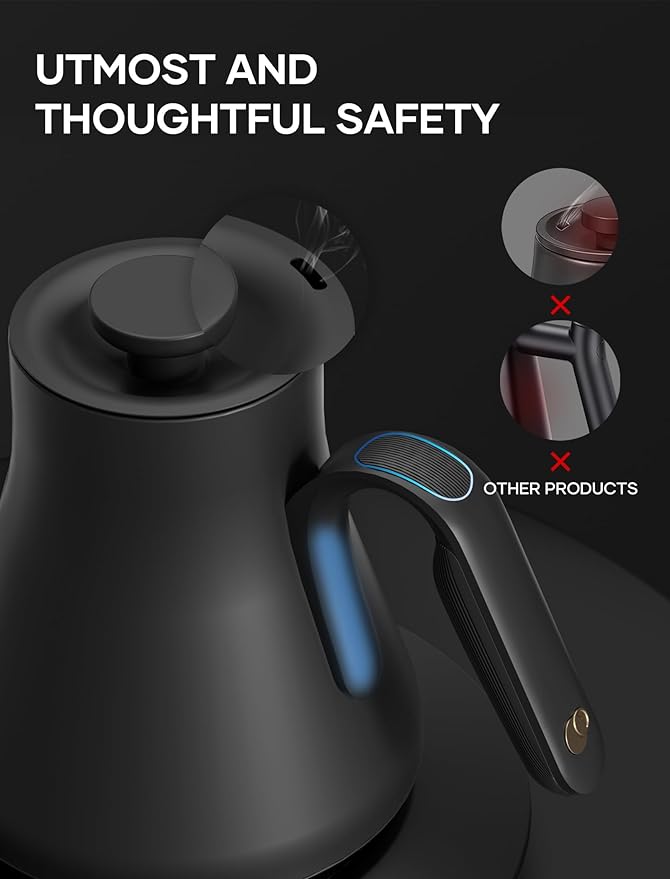 Electric Kettle, Gooseneck Electric Kettle, ±1℉ Temperature Control, Stainless Steel Inner, Quick Heating, for Pour Over Coffee, Brew Tea, Boil Hot Water, 1500W/0.9L Black