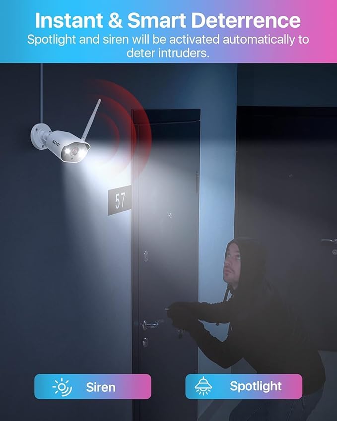 ZOSI 8CH 2K Wi-Fi 6 Security Camera System with 12'' LCD Monitor,4pcs 3MP Plug-in WiFi Cameras Indoor Outdoor,AI Person Detection,Color Night Vision,2 Way Audio,1TB HDD for Home 24/7 Recording
