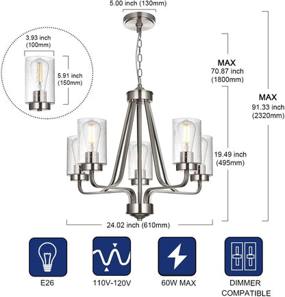 5-Lights Modern Pendant Light Fixtures, Wagon Wheel Dining Room Chandelier in Brushed Nickel, Hanging Ceiling Home Lighting for Foyer Kitchen Bedroom