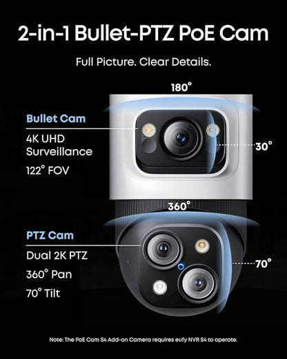 eufy PoE Bullet-PTZ Cam S4, NVR Wired Add On Cam, Requires eufy NVR, 4K UHD Triple Lens, 360° Pan and Tilt, 8X Hybrid Zoom, AI Tracking, Red and Blue Light, PoE Plug and Play, 24/7 Recording