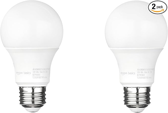 Amazon Basics A19 Dusk to Dawn Sensor LED Light Bulb, 60W Equivalent, 9W Energy Efficient, E26 Standard Base, Soft White 2700K, Non-Dimmable, 10,000 Hour Lifetime, Porch, 2-Pack