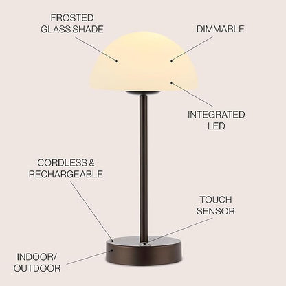 JONATHAN Y 12.5" Oil Rubbed Bronze/White Modern Rechargeable Portable LED Table Lamp, Cordless Dimmable Touch Accent Lamp with White Frosted Glass Shade for Bedroom Living Room Bar Vanity (JYL7109B)