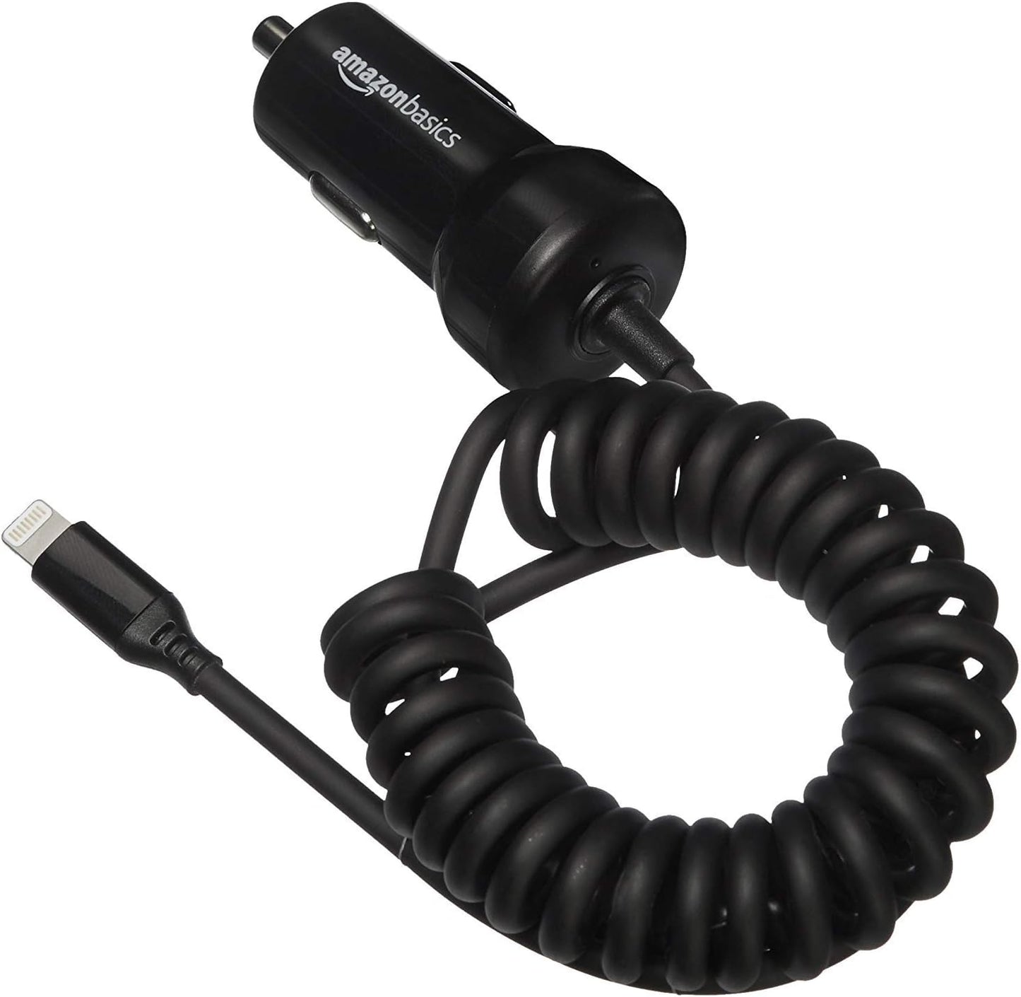 Amazon Basics 12W (5V, 2.4A) Fast Charging Car Charger with Coiled Lightning Cable for iPhone, iPad and Apple Devices, 1.5 ft - Black