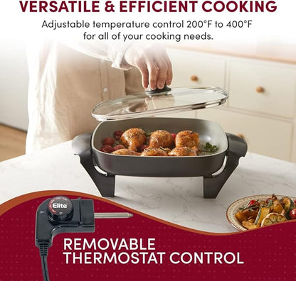 Elite Gourmet 12"x12"x2.15” Ceralast™ PFAS Free Ceramic Electric Skillet, Dishwasher Safe, Rapid Heat Up, 1200W, Dark Grey