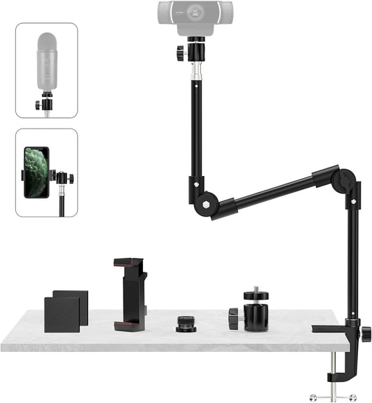 Webcam Stand Camera Mount with Phone Holder & 5/8" Screw, 22in Flexible Projector Stand Gooseneck Desk Mic Stand for Logitech C922 C930e C920 C615 C960 Brio 4K, GoPro, Blue Yeti Snowball Ice