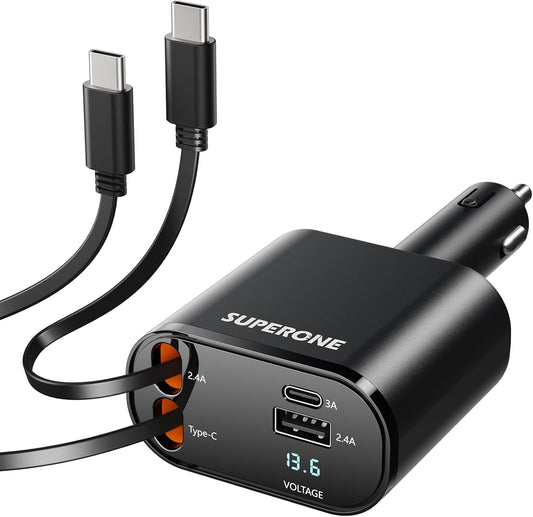 SUPERONE Retractable Car Charger for iPhone with Dual Type C Cables, 4 in 1 USB C Car Charger Adapter with PD 60W Fast Charging Compatible with iPhone 16 15 14 13 12 11 Pro/XS/XR/SE/iPad/Airpods