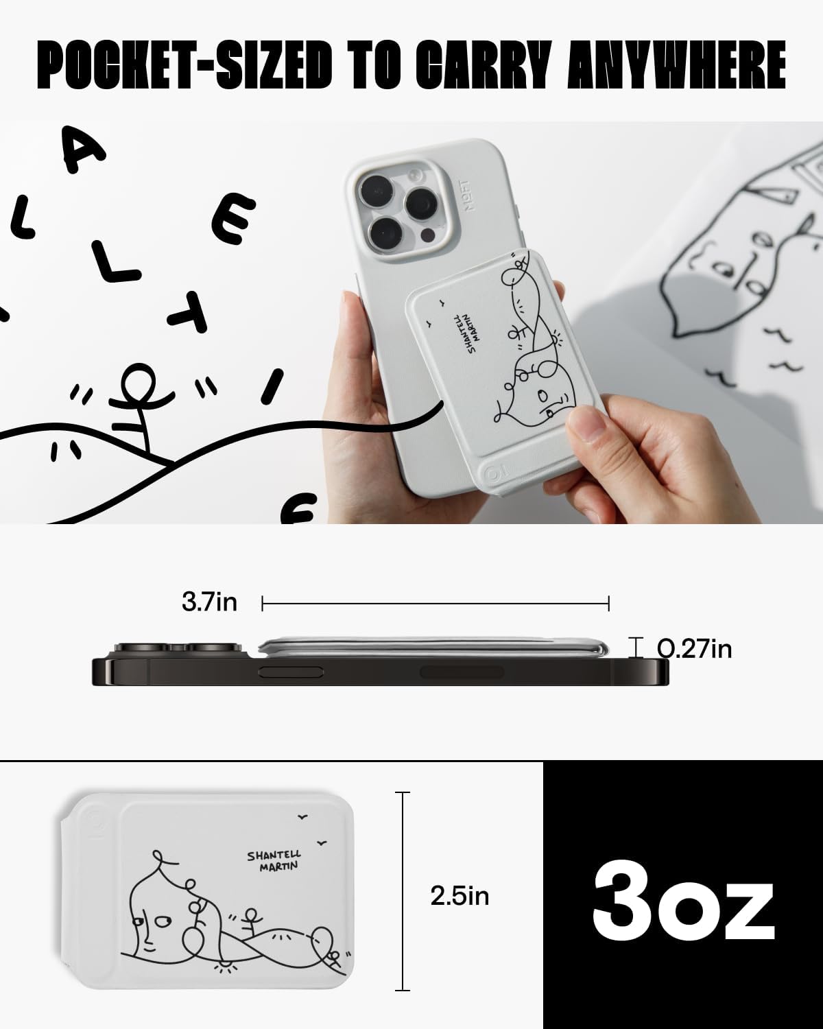 MOFT x Shantell Martin Phone Tripod Stand Selfie Stick for iPhone, Multi-Angles iPhone Stand, Lightweight & Portable Phone Holder, Strong Magnets, MOVAS Vegan Leather, Misty Cove (Without Card Slot)
