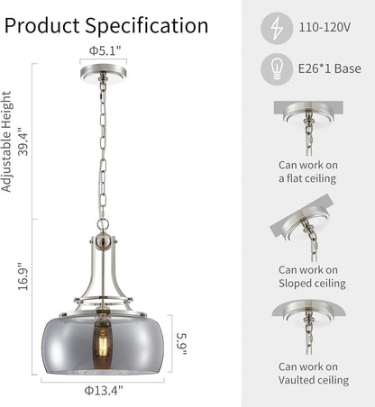 WUZUPS Nickel Chandelier Rustic Farmhouse Industrial Round Ceiling Pendant LED Light Fixture with Electroplated Gray Glass Shade for Dining Room Kitchen Island Foyer Entryway, H 17" W 13.4", E26 Base