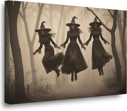 Three ghost witches flying in vintage forest gothic wall art witchcraft decoration holiday gift canvas wall art print20x30in Wood Framed