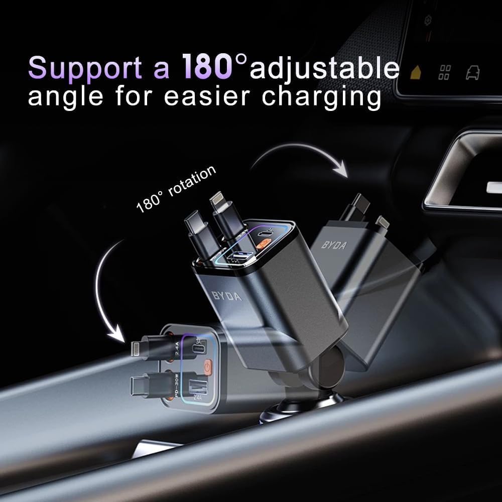 [2025 Mirco-Version] 4 in 1 Retractable Car Charger,69W Car Charger USB C,Cigarette Lighter Adapter,Fast Charging for iPhone 16e/16/15/14,13,Android (Red, for Lightning+USB-C)