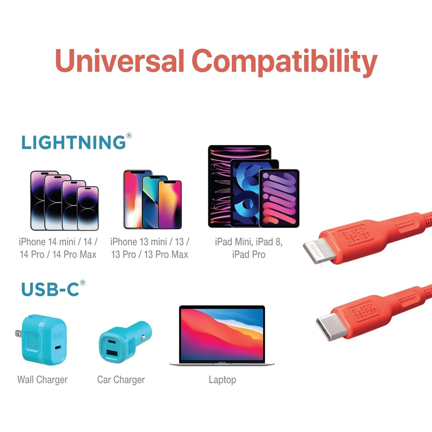 BLACK+DECKER USB C to Lightning Cable - Fast Compatible iPhone Lightning Cable - Durable Braided Type C iPhone Charger Cord - for Travel and Daily Use - Multiple Colors and Lengths - 3ft