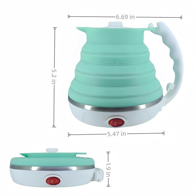 Travel Kettle, Portable Electric Kettle, Collapsible Tea Kettle Travel, Hot Water Boiler Electric, Food Grade Silicone, Auto Shut off and Keep Warm, 110V 555ml Green